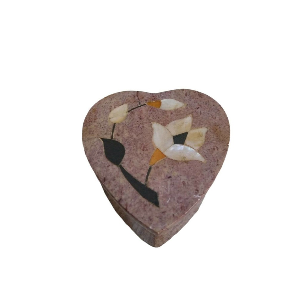Vintage Heart shaped Marble Mother of Pearl Stone Trinket Jewelry Ring Box Case